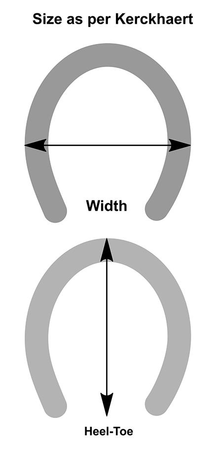 Yellow glue-on “Iron Block” horse shoes size diagram.
